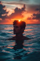 Young man swimming in ocean at dramatic sunset with orange sky and dark clouds, silhouette profile against glowing sun creating atmospheric mood.