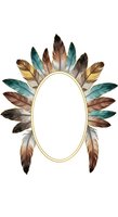 Oval frame adorned with colorful feathers in earthy tones, isolated on white background. Perfect for design projects, invitations, posters, and creative layouts.