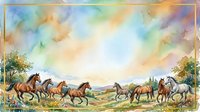 Herd of horses galloping and grazing across rolling meadow landscape with vibrant watercolor sky, suitable for equestrian art, nature illustrations, and pastoral wall decor.