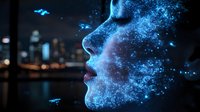 Glowing blue profile silhouette dissolving into particles against dark city backdrop, representing digital transformation and artificial intelligence concept.