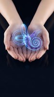 Cupped hands holding glowing blue treble clef musical note with swirling light effects against dark background for music education and creative projects.