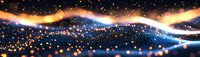 Abstract glowing waves of light and particles flowing over dark background with sparkling bokeh effect and luminous energy streams in blue and orange colors.