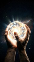 Hands holding glowing Earth with city skyline against starry space background representing global protection, environmental care and sustainable future vision.