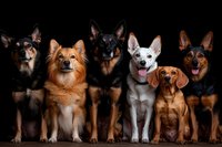 Group portrait of diverse dog breeds including German Shepherd, Pomeranian mix, Beagle, and mixed breeds sitting together against dark background, showing unity and friendship.