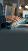 Businessman hands touching digital holographic interface with glowing data connections and network visualization in modern office environment.