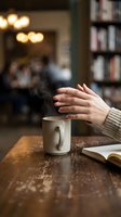 Woman warming hands over steaming coffee mug in cozy bookstore cafe with soft lighting and bookshelves creating relaxing reading atmosphere.