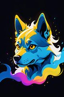 Stylized wolf head with vibrant blue and yellow fur against dark background, flowing colorful smoke elements create dynamic composition for modern design projects.