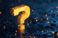 Glowing golden question mark on digital circuit background with sparkling light particles, symbolizing technology uncertainty and digital transformation.