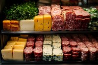 Assorted cured meats and artisan cheeses displayed on dark shelves, featuring sliced salami, pepperoni, aged cheddar, and specialty varieties with fresh herbs for gourmet food retail or culinary content.