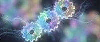 Glowing mechanical gears with electric energy streams on blurred colorful background for technology and innovation concepts.