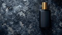 Luxury black matte perfume bottle with gold cap on dark marble background. Minimalist fragrance packaging design for premium cosmetic product presentation.