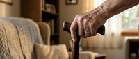 Senior man's hand gripping wooden walking cane in cozy living room interior, elderly care and mobility assistance concept for healthcare design.