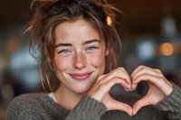 Young woman with blue eyes and freckles making heart shape with hands while smiling warmly in cozy indoor setting with soft bokeh background.