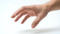 Male hand reaching forward with fingers extended in grasping motion against clean white background for design projects and commercial use.