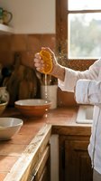 Person in white shirt squeezing fresh orange over bowl in rustic kitchen with golden juice droplets suspended in air, cooking and food preparation.