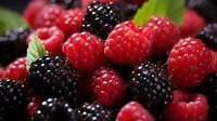 Fresh ripe raspberries and blackberries close up with water drops and green leaves, natural organic berries macro photography for healthy eating.