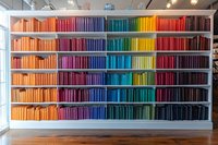 Colorful bookshelf with books arranged in rainbow spectrum order from orange to purple, creating vibrant display in modern bookstore.