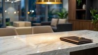 Modern marble conference table with leather notebook in upscale office meeting room with warm lighting and contemporary furniture for business presentations.