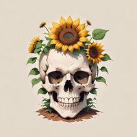 Artistic skull with blooming sunflowers growing through it against neutral background, combining dark and bright natural elements in contemporary style.