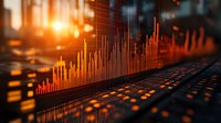Financial data visualization with ascending orange bar charts and glowing numbers on dark background, representing market growth and stock trading analysis.