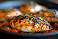 Grilled chicken breasts with charred marks, garnished with fresh herbs and colorful bell peppers in savory sauce, served on dark plate, macro food photography.