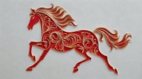 Elegant red and gold paper cut horse with ornate swirling patterns galloping gracefully against neutral background, symbolizing strength and freedom.