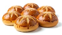 Fresh baked pretzel rolls with sesame seeds isolated on white background for bakery menu design and culinary projects.
