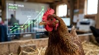 Brown hen in modern poultry farm with digital growth chart showing sales analytics and profit margins for agricultural business technology.