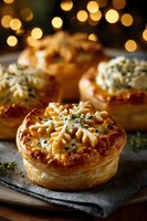 Golden flaky pastry vol-au-vents filled with creamy seafood mixture and garnished with fresh herbs against festive bokeh lights background.