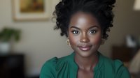 Young African American woman with natural curly hair wearing emerald green blouse smiles warmly at camera against soft blurred background, radiating confidence and joy.
