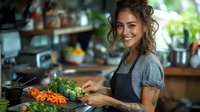 Young Hispanic woman chef in black apron smiling while chopping fresh vegetables in modern kitchen. Curly hair and tattoo add contemporary style to professional cooking scene.