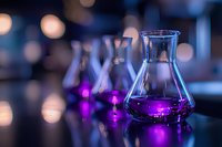 Laboratory glassware with purple liquid glowing in dark scientific environment against blurred bokeh background, creating mysterious research atmosphere.