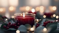 Glowing red candle surrounded by winter berries and green leaves against soft bokeh lights background creates cozy holiday atmosphere.