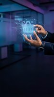 Businessman holding glowing shopping basket hologram with digital icons for online retail, e-commerce technology, and wireless payment solutions in modern office environment.