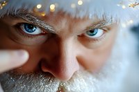Close-up view of bright blue eyes with frost-covered eyelashes and white facial hair against blurred winter bokeh lights in background, creating magical seasonal mood.