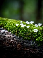 Delicate white wildflowers growing on bright green moss covering old fallen tree trunk in forest, creating natural macro composition with soft bokeh background.