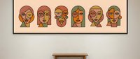 Modern abstract portrait artwork featuring diverse faces in geometric style hanging above wooden bench in contemporary interior space.