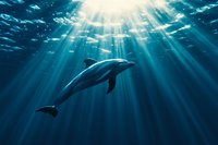 Majestic dolphin swimming in deep blue ocean waters illuminated by dramatic sunbeams penetrating through surface, creating ethereal underwater atmosphere.