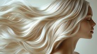 Young woman with flowing platinum blonde wavy hair in profile against light background, showcasing natural hair movement and luxurious healthy shine.