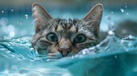 Swimming cat with bright blue eyes peeks above turquoise water surface with splashing droplets and ripples, creating dramatic aquatic portrait in natural light.