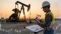 Oil field worker in safety gear reviewing technical documents at drilling site during golden hour sunset with pumpjack equipment and industrial infrastructure.