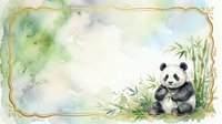 Watercolor panda bear sitting among bamboo plants with decorative golden frame border on soft pastel background for greeting cards and nursery decor.