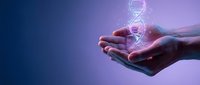 Hands holding glowing DNA helix symbol against purple gradient background, representing genetic research, biotechnology, and scientific innovation in medicine and healthcare.