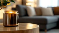 Amber glass jar on wooden round coffee table with soft evening light creating cozy atmosphere in modern living room interior with gray sectional sofa.