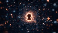 Glowing keyhole silhouette with magical sparkles and bokeh lights against dark background creates mysterious atmosphere for security and privacy concepts.