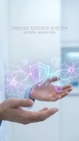 Hands presenting holographic immune defense system with glowing shield icons and neural networks for biotech innovation and medical technology concepts.