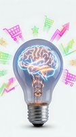 Light bulb with glowing brain filament surrounded by colorful shopping cart and arrow icons representing creative marketing ideas and business innovation.