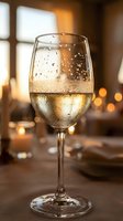 Glass of chilled white wine with condensation droplets on elegant stem in warm restaurant setting with soft bokeh lighting for dining concepts.