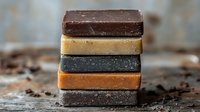 Stack of natural handmade soap bars in earthy tones of brown, beige, black and orange on rustic wooden surface with shallow depth of field and soft lighting.
