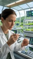 Female scientist examining plant seedling with tweezers in modern greenhouse laboratory with hydroponic systems and digital monitoring equipment.